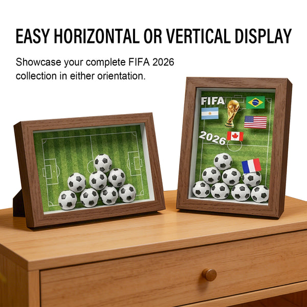 ONE MAAY FIFA World Cup Soccer Football 4x6 shadow box frame installed on wall showing finished sports memorabilia display in room setting