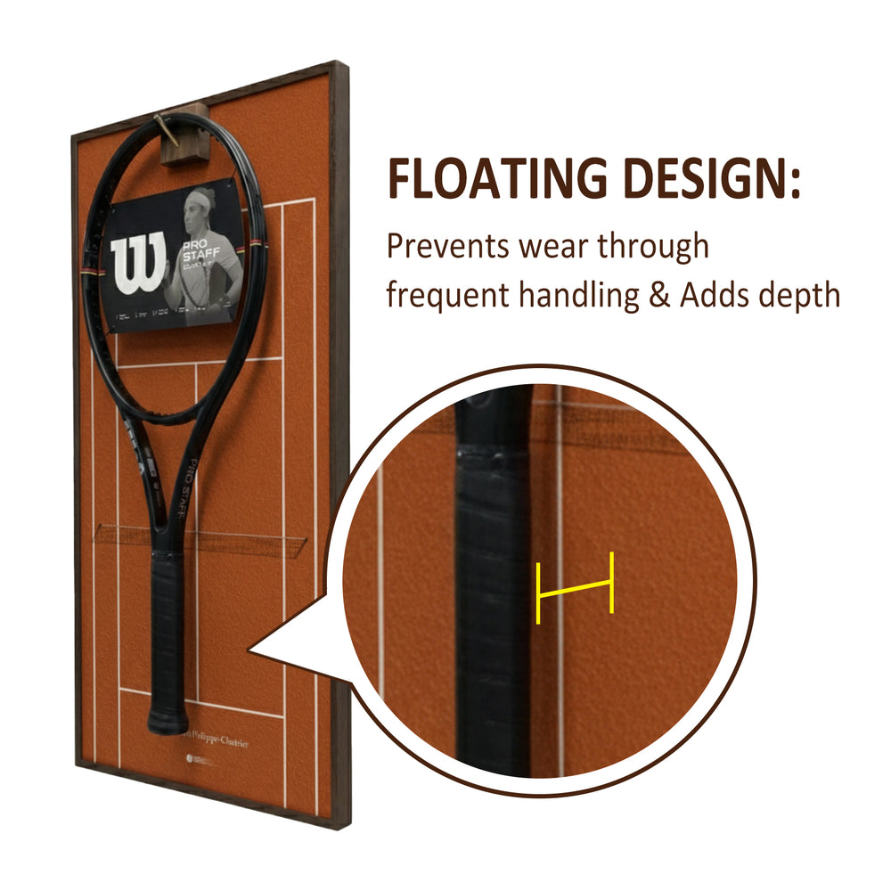Close-up showing the floating design of the ONE MAAY tennis racket display, highlighting how the racket hovers over the red clay background to prevent wall damage.