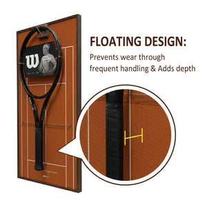 Close-up showing the floating design of the ONE MAAY tennis racket display, highlighting how the racket hovers over the red clay background to prevent wall damage.