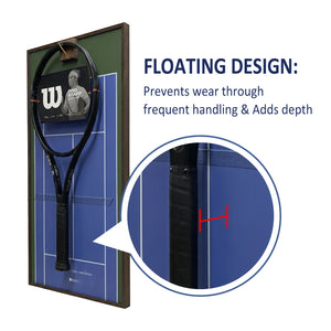 Close-up showing the floating design of the ONE MAAY tennis racket display, highlighting how the racket hovers over the blue hard court background to prevent wall damage