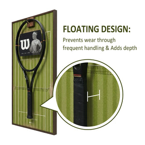 Close-up showing the floating design of the ONE MAAY tennis racket display, highlighting how the racket hovers over the grass background to prevent wear and tear with daily use.