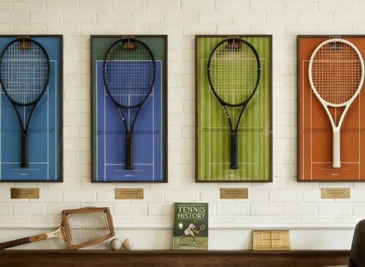 Four framed tennis racket silhouettes on a wall with a 'Tennis History' book below.