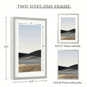 ONE MAAY picture frame compatibility guide showing 5x7 and 6x8 inch dimensions with mat options for versatile wall art and photo display