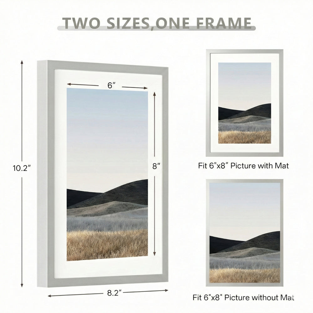ONE MAAY versatile picture frame sizing guide showing 8x10 and 6x8 inch dimensions with mat options for custom wall art and photo display solutions