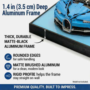 ONE MAAY LEGO Bugatti Supercar 42083 aluminum frame with racing car model, detailing features and specifications.