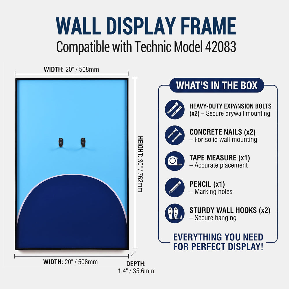 ONE MAAY Wall display frame compatible with LEGO Technic Supercar Bugatti Chiron model 42083, showing dimensions and included items.