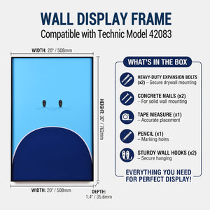 ONE MAAY Wall display frame compatible with LEGO Technic Supercar Bugatti Chiron model 42083, showing dimensions and included items.