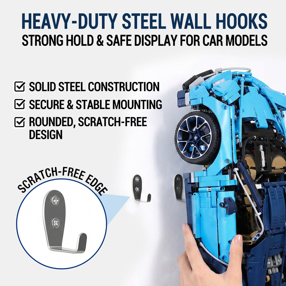ONE MAAY Heavy-duty steel wall hooks for LEGO Lamborghini Sian supercar model 42083 with blue toy car displayed on a white background