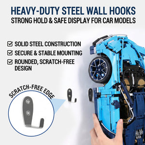 ONE MAAY Heavy-duty steel wall hooks for LEGO Lamborghini Sian supercar model 42083 with blue toy car displayed on a white background