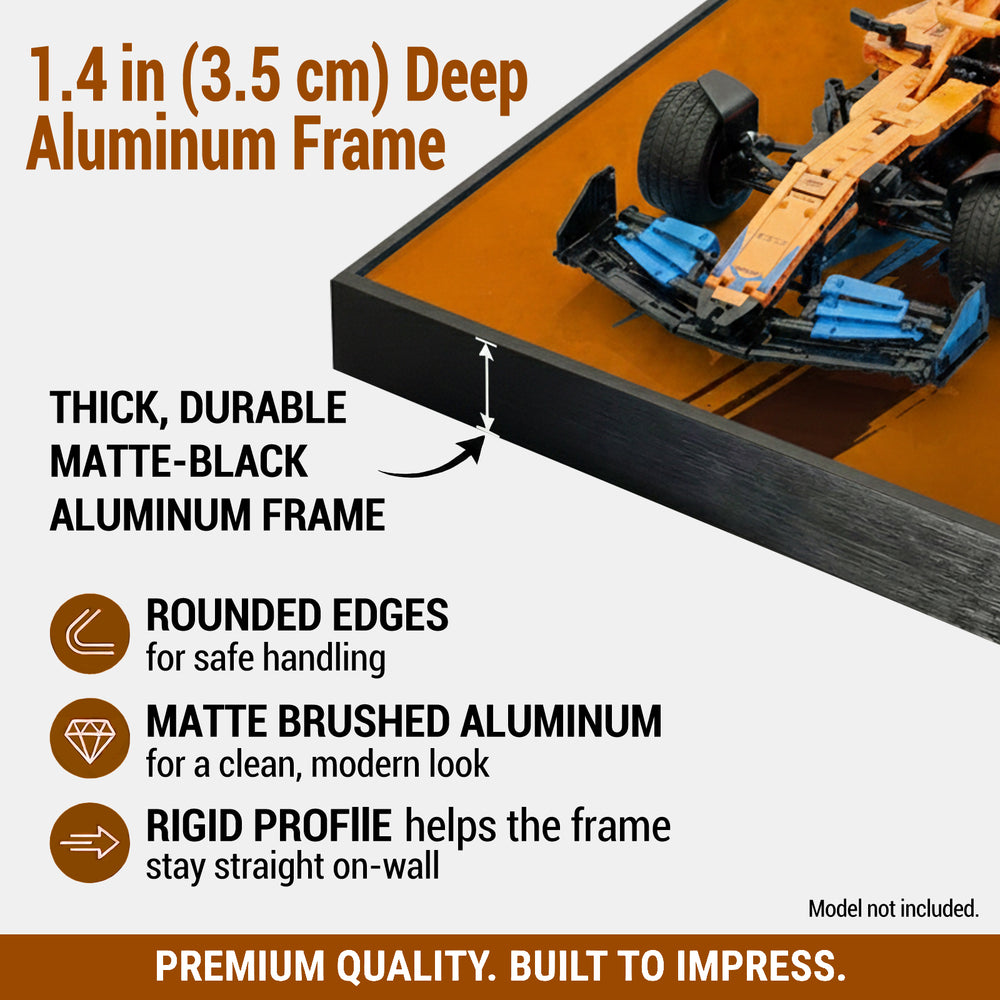 ONE MAAY LEGO F1 42141 aluminum frame with racing car model, detailing features and specifications.