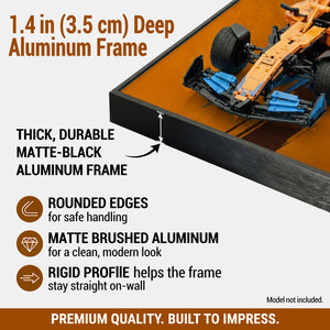 ONE MAAY LEGO F1 42141 aluminum frame with racing car model, detailing features and specifications.