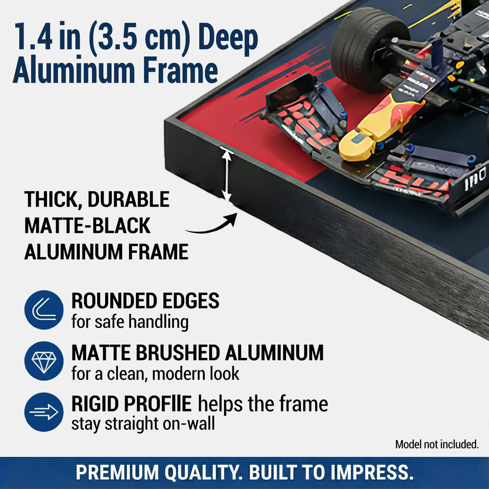 ONE MAAY LEGO F1 42206 aluminum frame with racing car model, detailing features and specifications.