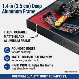 ONE MAAY LEGO F1 42206 aluminum frame with racing car model, detailing features and specifications.