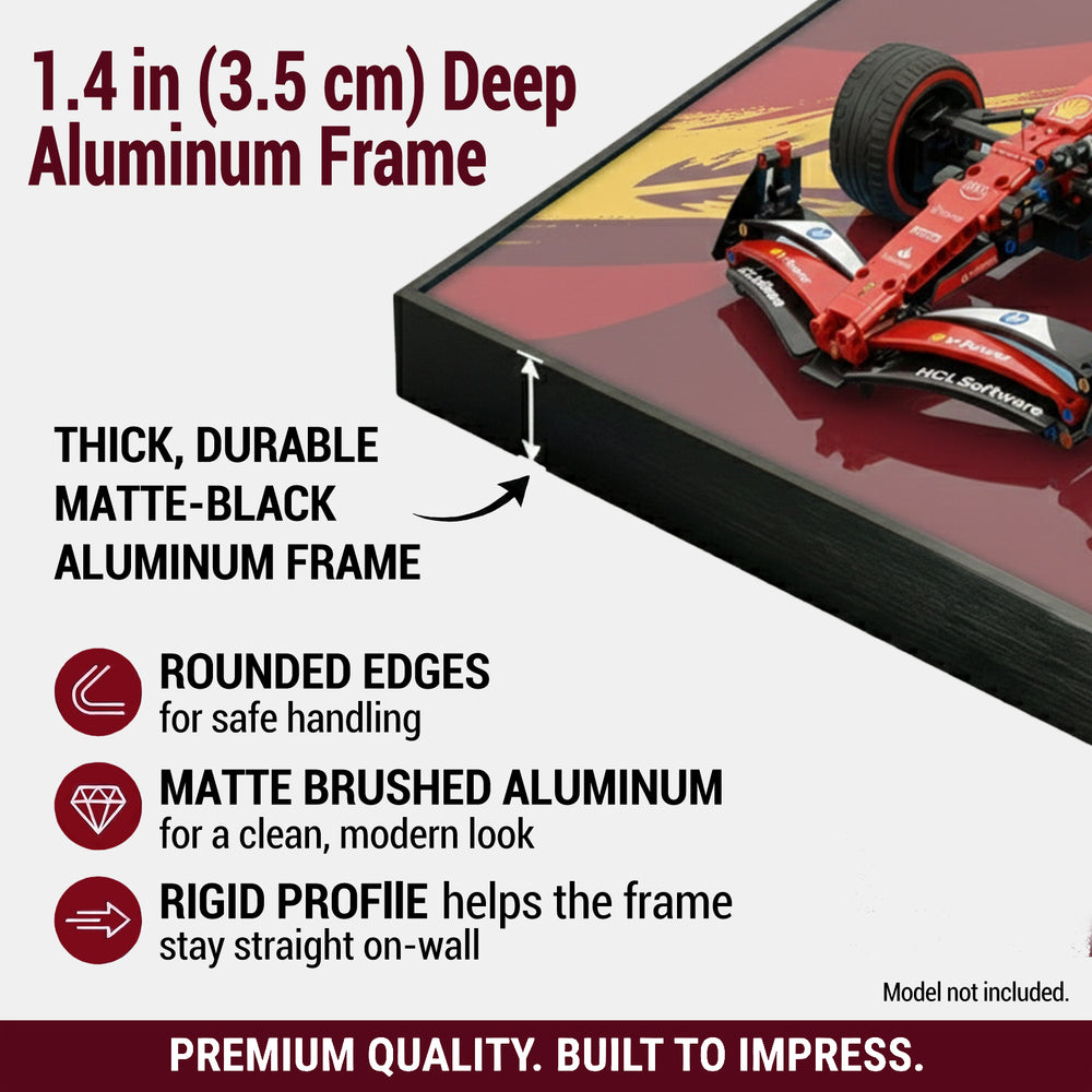 ONE MAAY LEGO F1 42207 aluminum frame with racing car model, detailing features and specifications.