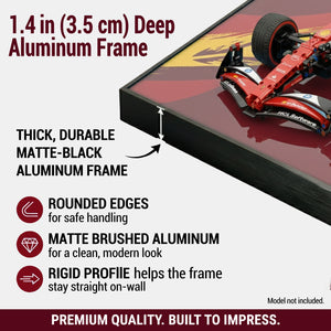 ONE MAAY LEGO F1 42207 aluminum frame with racing car model, detailing features and specifications.