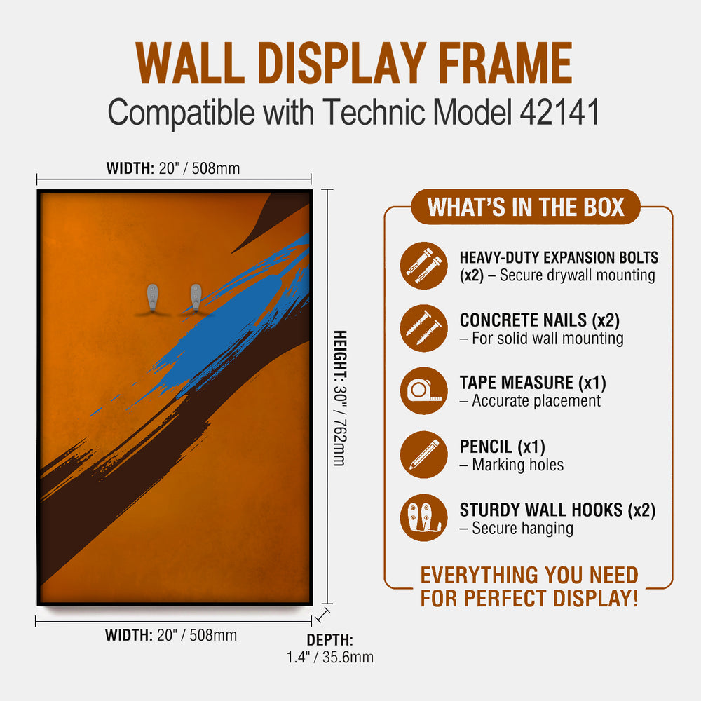 ONE MAAY Wall display frame compatible with Technic model 42141, showing dimensions and included items.