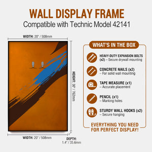 ONE MAAY Wall display frame compatible with Technic model 42141, showing dimensions and included items.