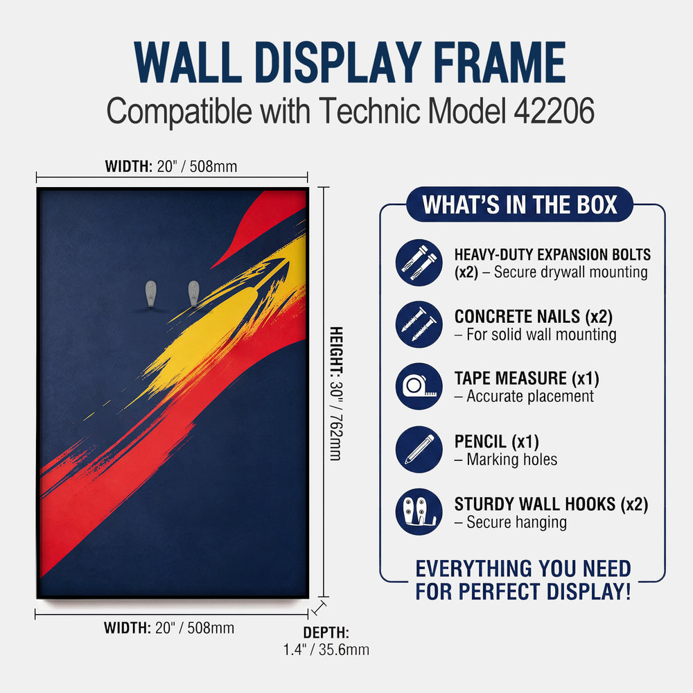 ONE MAAY Wall display frame compatible with Technic model 42206, showing dimensions and included items.
