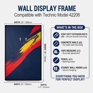 ONE MAAY Wall display frame compatible with Technic model 42206, showing dimensions and included items.
