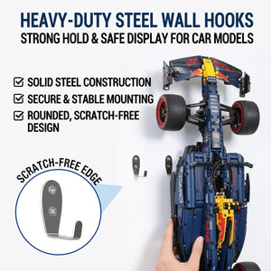 ONE MAAY Heavy-duty steel wall hooks for LEGO car model 42206 with red toy car displayed on a white background