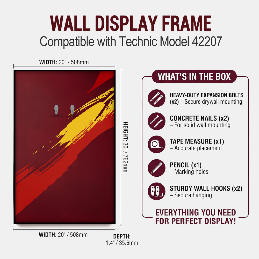 ONE MAAY Wall display frame compatible with Technic model 42207, showing dimensions and included items.