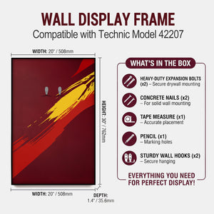 ONE MAAY Wall display frame compatible with Technic model 42207, showing dimensions and included items.