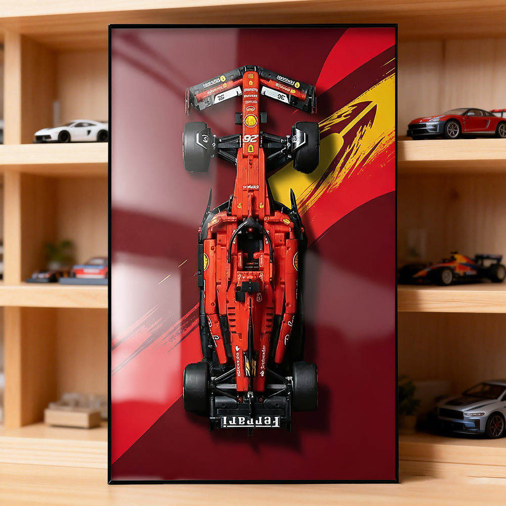 ONE MAAY LEGO F1 car 42207 compatible wall frame displaying in interior with glare from natural daylight
