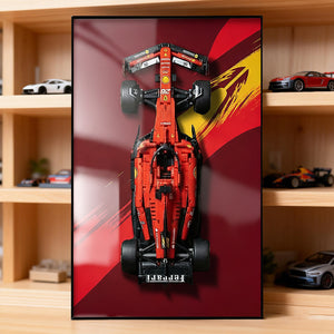 ONE MAAY LEGO F1 car 42207 compatible wall frame displaying in interior with glare from natural daylight