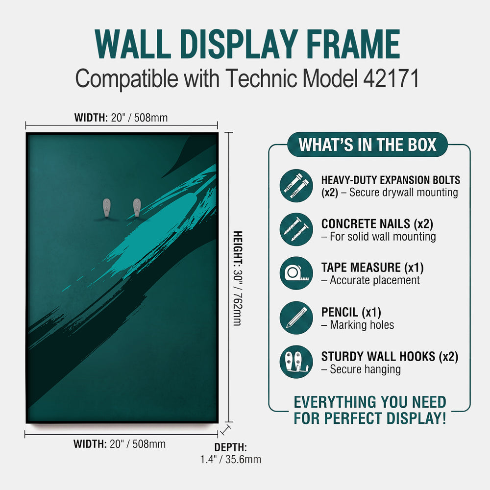 ONE MAAY Wall display frame compatible with Technic model 42171, showing dimensions and included items.