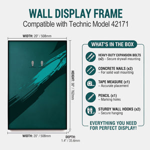 ONE MAAY Wall display frame compatible with Technic model 42171, showing dimensions and included items.