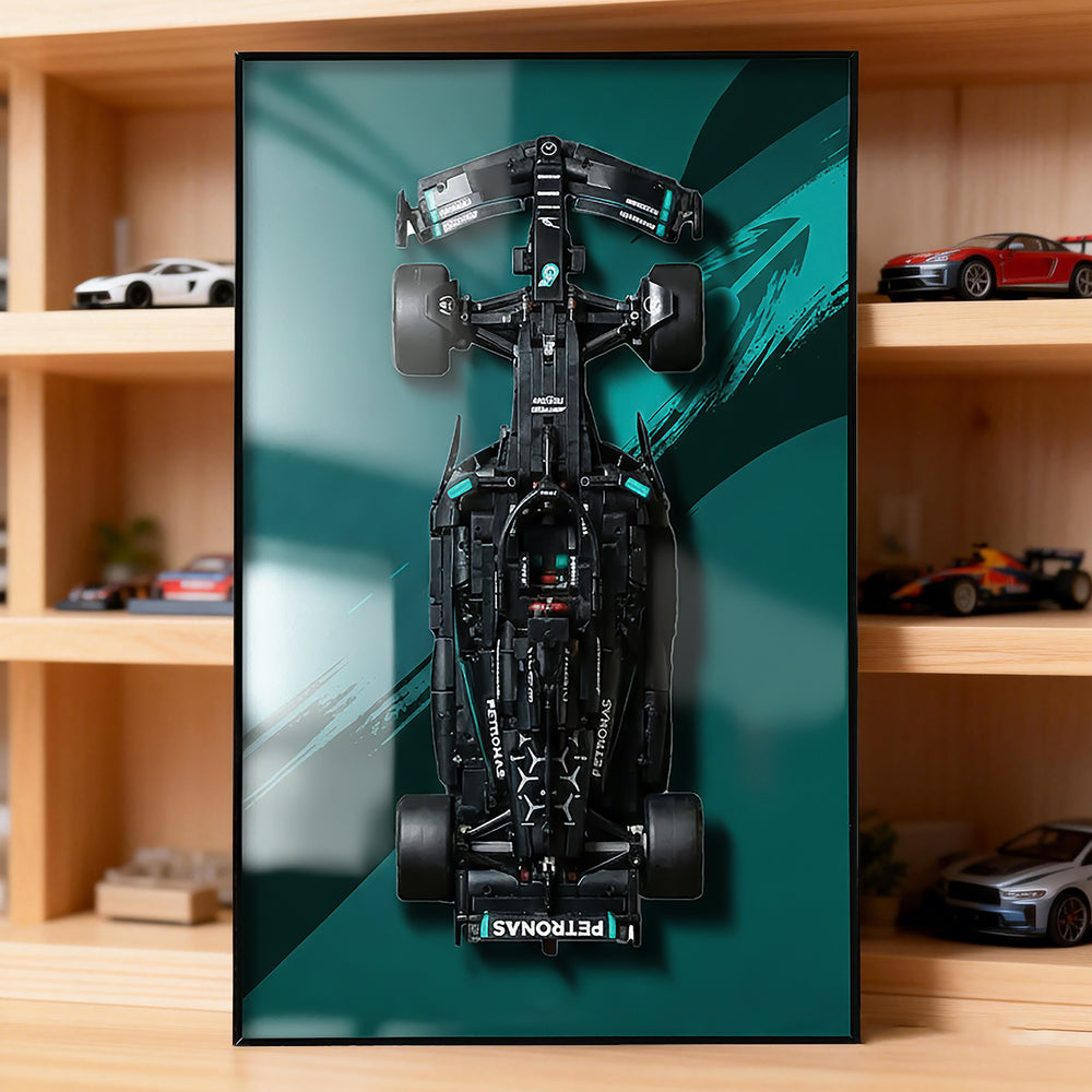 ONE MAAY LEGO F1 car 42171 compatible wall frame displaying in interior with glare from natural daylight