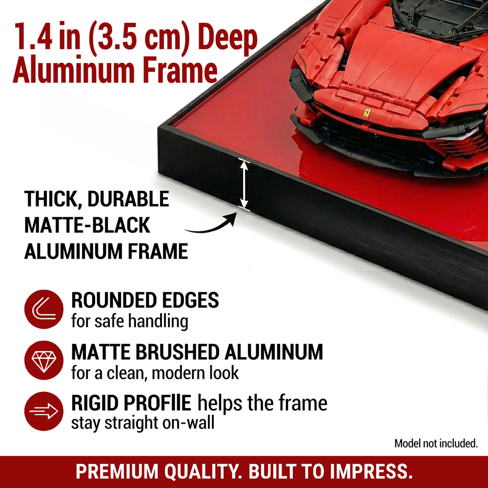 ONE MAAY LEGO Ferrari Daytona Supercar 42143 aluminum frame with racing car model, detailing features and specifications.