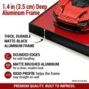 ONE MAAY LEGO Ferrari Daytona Supercar 42143 aluminum frame with racing car model, detailing features and specifications.