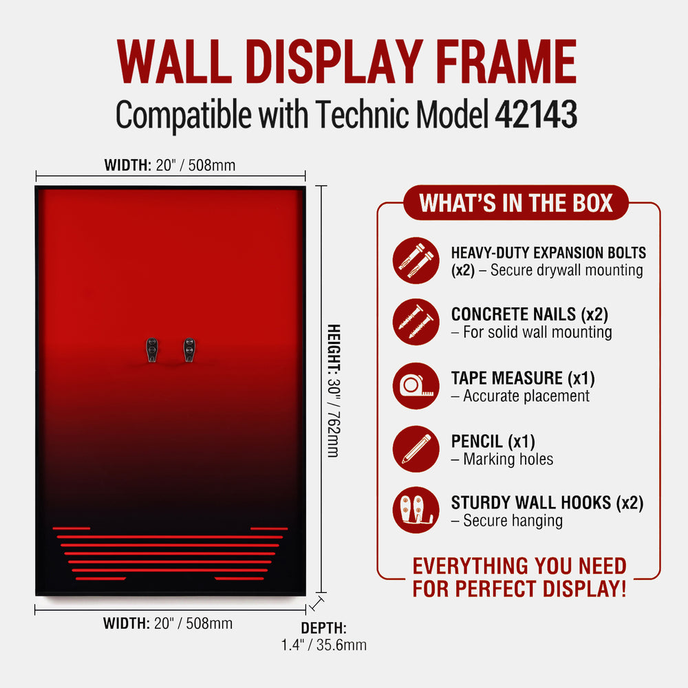ONE MAAY Wall display frame compatible with LEGO Technic Supercar Ferrari Daytona model 42143, showing dimensions and included items.