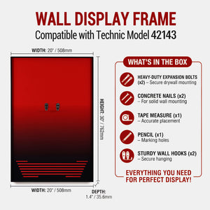 ONE MAAY Wall display frame compatible with LEGO Technic Supercar Ferrari Daytona model 42143, showing dimensions and included items.