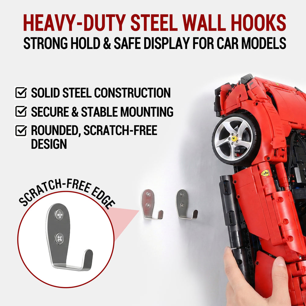 ONE MAAY Heavy-duty steel wall hooks for LEGO Ferrari Daytona supercar model 42143 with red toy car displayed on a white background