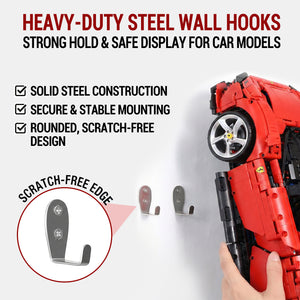 ONE MAAY Heavy-duty steel wall hooks for LEGO Ferrari Daytona supercar model 42143 with red toy car displayed on a white background