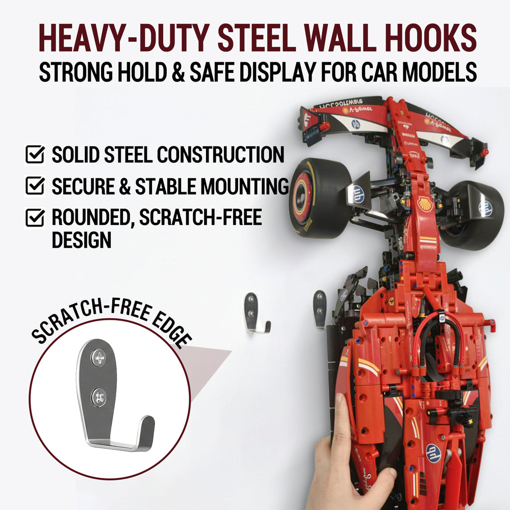 ONE MAAY Heavy-duty steel wall hooks for LEGO Ferrari F1 model 42207 with red toy race car displayed on a white background
