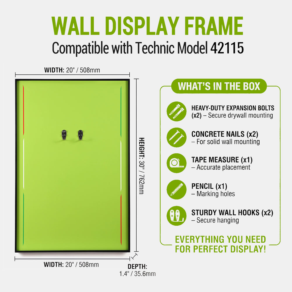 ONE MAAY Wall display frame compatible with LEGO Technic Supercar Lamborghini Sian model 42115, showing dimensions and included items.