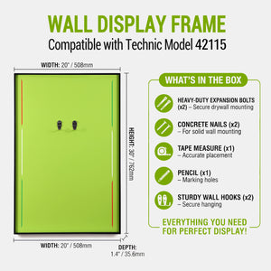 ONE MAAY Wall display frame compatible with LEGO Technic Supercar Lamborghini Sian model 42115, showing dimensions and included items.