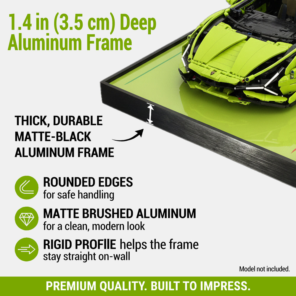 ONE MAAY LEGO Lamborghini Sian Supercar 42115 aluminum frame with green car model, detailing features and specifications.