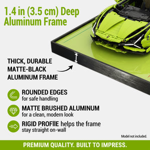 ONE MAAY LEGO Lamborghini Sian Supercar 42115 aluminum frame with green car model, detailing features and specifications.