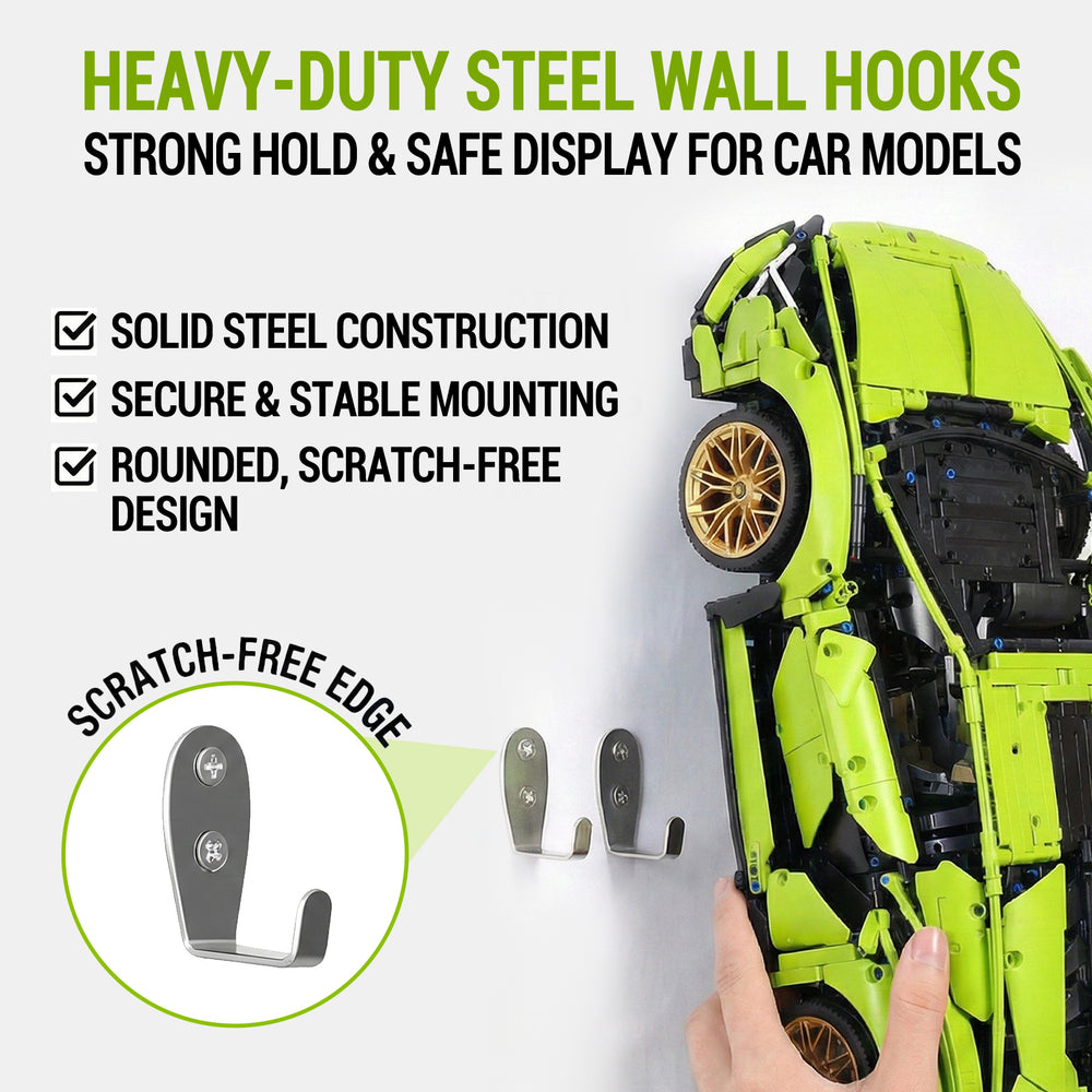ONE MAAY Heavy-duty steel wall hooks for LEGO Lamborghini Sian supercar model 42115 with green toy car displayed on a white background