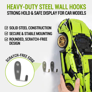 ONE MAAY Heavy-duty steel wall hooks for LEGO Lamborghini Sian supercar model 42115 with green toy car displayed on a white background