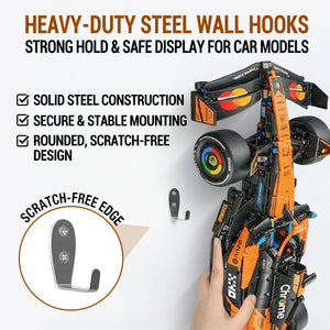 ONE MAAY Heavy-duty steel wall hooks for LEGO McLaren F1 model 42228 with orange toy race car displayed on a white background