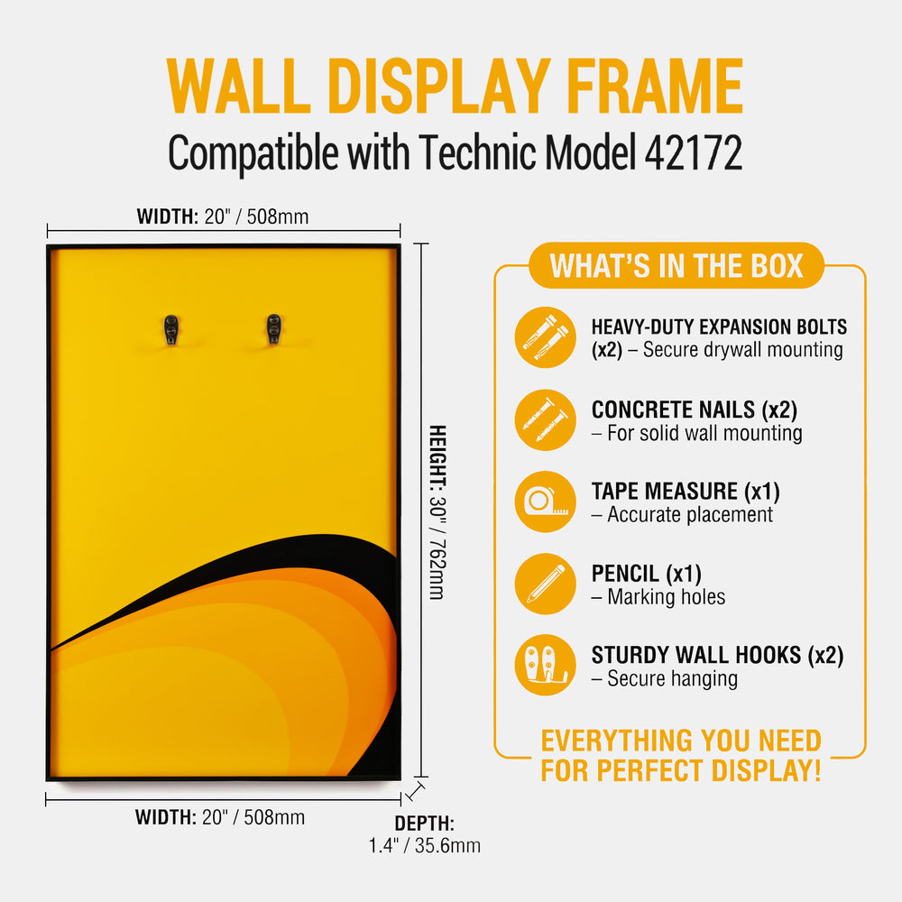ONE MAAY Wall display frame compatible with LEGO Technic Supercar McLaren P1 model 42172, showing dimensions and included items.