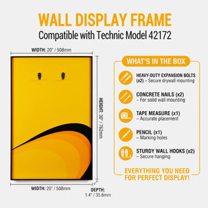 ONE MAAY Wall display frame compatible with LEGO Technic Supercar McLaren P1 model 42172, showing dimensions and included items.