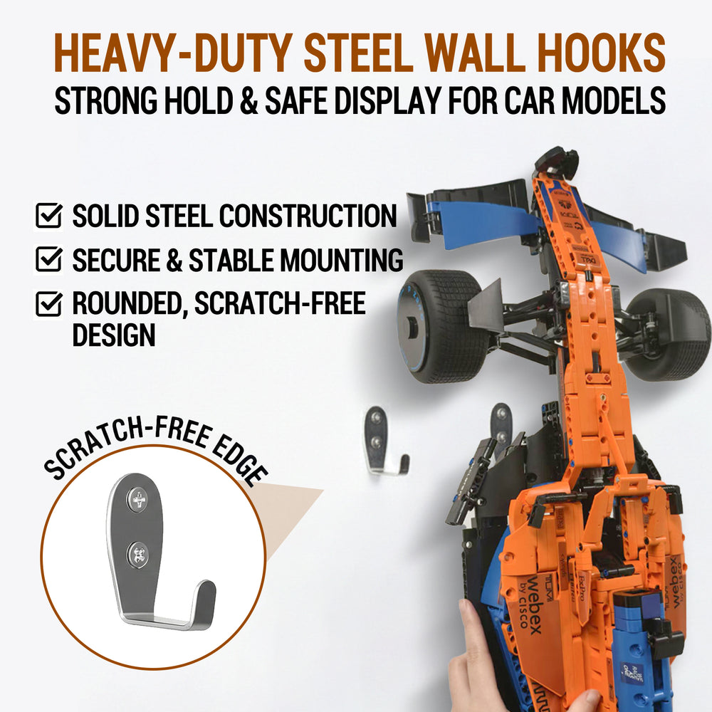 ONE MAAY Heavy-duty steel wall hooks for LEGO McLaren MCL36 F1 model 42141 with Orange toy race car displayed on a white background