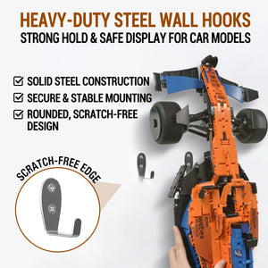 ONE MAAY Heavy-duty steel wall hooks for LEGO McLaren MCL36 F1 model 42141 with Orange toy race car displayed on a white background