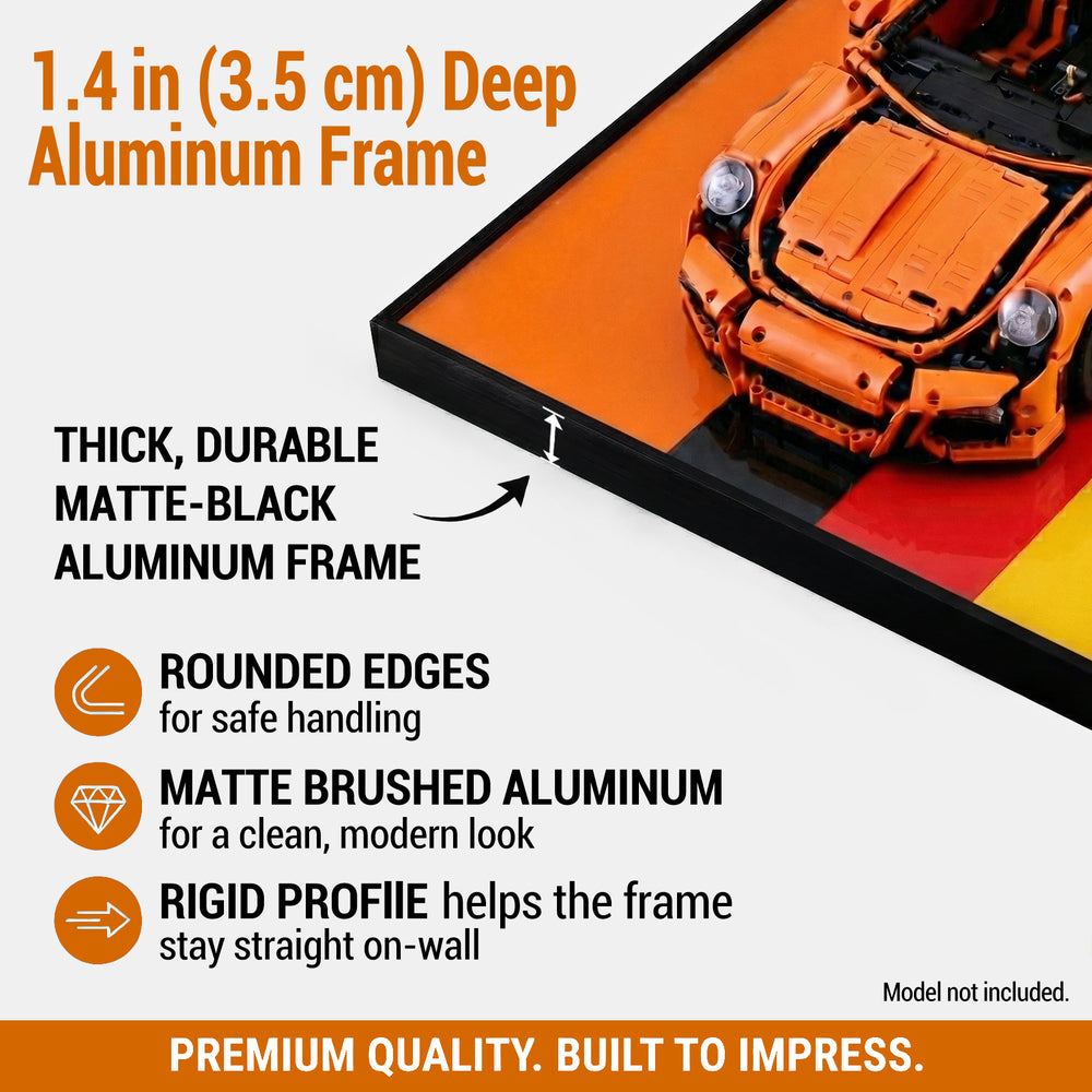 LEGO Porsche Supercar 42056 aluminum frame with racing car model, detailing features and specifications.